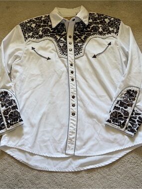 Scully White Western Button-Down Shirt with Black Embroidery